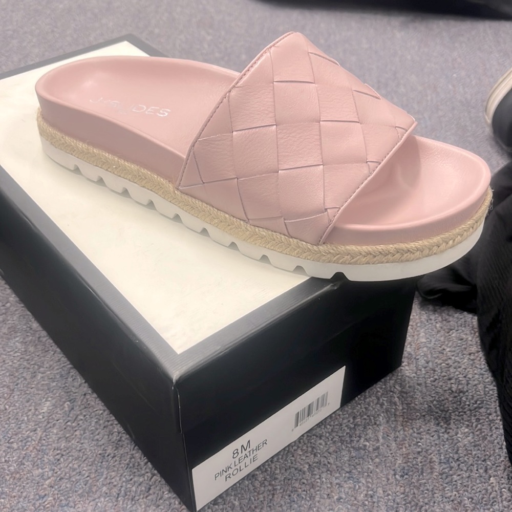 J slides pink leather Rollie new in box size 8 never worn